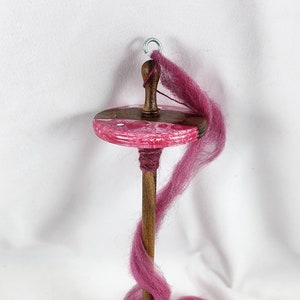 Top Whorl Drop Spindle with Dark Rose Pink Swirl Resin & Renewable Acacia Wood Whorl, Gorgeous, Fun Method to Create Lovely Handspun Yarn!