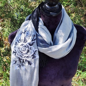 Elegant Embroidered Rose 100% Linen Soft Drapey Shawl/Scarf/Wrap in Classic Shades of Black, White, and Grey