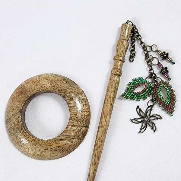 6" Mango Wood Shawl Pin/Hair Stick Adorned with Handstitched Glass Bead Leaves & Pewter Flower Accents, Includes 2.5" Mango Wood Circle Base