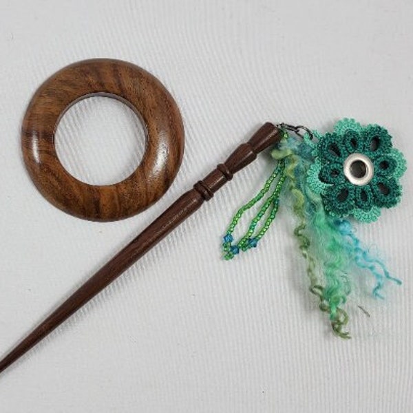 6" Rosewood Shawl Pin/Hair Stick with Fanciful Aqua & Teal Flower, Kid-grade Mohair, and Iridescent Seed Beads with Swarovski Crystals