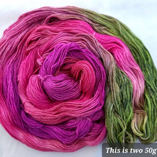 Specialty Sock Yarn Blend of Merino Wool, Bamboo and Silk in Rose Garden Colorway with Lots of Pinks and Green