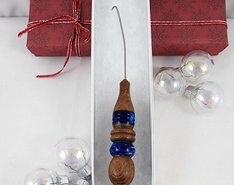 Handcrafted Orifice Hook with Ergonomic Handle made of Renewable Acacia Wood and Accented with Sapphire Blue Resin