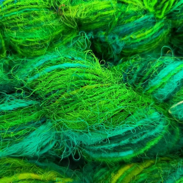 Recycled Sari Silk Yarn SportWeight in Shades of Bright Grassy Green Perfect for Creating Fun Cuffs, Making a Cute Bag, Adding to Amigurumi