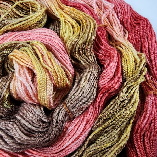 Fine Merino, Bamboo, & Silk Sock Yarn in Warm Autumn Shades of Cinnamon, Peach, Harvest Gold, and Cocoa