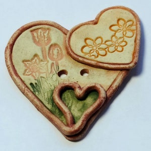 Spring Love Garden with Peach-Pink Daffodil & Tulips Plus Layered Heart with Daisies, Extra Large Heart Shaped 2.5&quot; Stoneware Accent Button