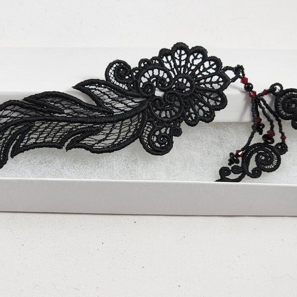 Black Gothic Lace Feather Bookmark with Genuine Swarovski Crystal & Black Onyx Gemstone Beaded Dangles