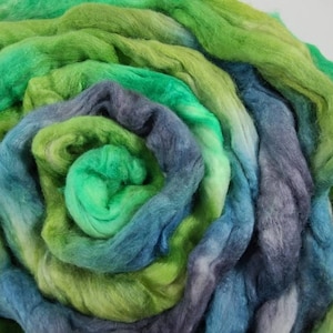 18-Micron with Mulberry Silk Combed Top for Spinning and Felting in Soothing Greens with Peacock Blue and Pewter Grey