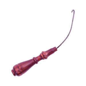 May include: A dark brown wooden handle with a curved metal hook. The handle has a decorative, turned design. The metal hook extends from the handle, curving upwards. The tool is set against a white background.