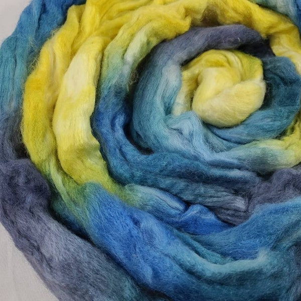 Superfine 18-Micron Merino Wool & Mulberry Silk in Fireflies at Twilight with Yellow, Cream, White, and Shades of Blue with Pewter Grey
