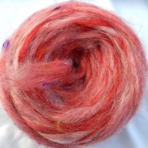 Kid-grade Mohair Blend Roving with Merino Wool and Sari Silk in the Colors of Strawberries & Cream. This is a Luxuriously Soft Blend!!!