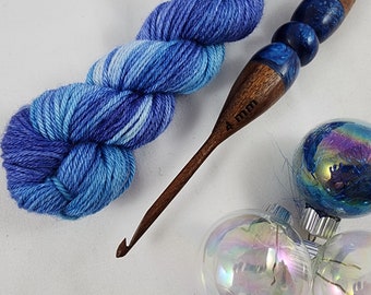 Handcrafted Acacia Wood Crochet Hook: Ergonomic Blue Swirl Resin Handle, Choice of Size
