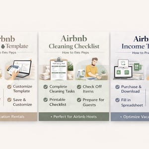 Könnte beinhalten: Dreiteilige Grafik mit Airbnb-Vorlagen. Die Tafeln zeigen eine Willkommensvorlage, eine Reinigungs-Checkliste und einen Einkommens-Tracker. Jede Tafel enthält Illustrationen von Personen, die Computer und Checklisten verwenden, mit Aufzählungspunkten.