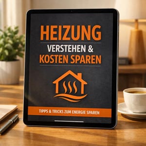 Könnte beinhalten: Ein Tablet zeigt den deutschen Text "HEIZUNG VERSTEHEN & KOSTEN SPAREN" in Orange, mit einer Hausgrafik und dem Text "TIPPS & TRICKS ZUM ENERGIE SPAREN". Das Tablet liegt auf einem Holztisch, im Hintergrund eine Kaffeetasse und eine Lampe.