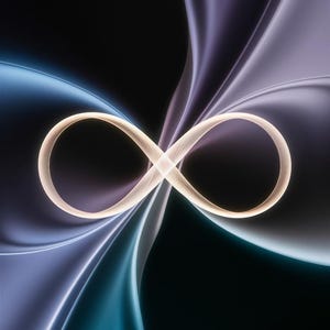 May include: Abstract digital art featuring a glowing infinity symbol at the center, set against a backdrop of flowing, layered fabric in shades of blue, purple, and white. The background is a deep black, creating a striking contrast.