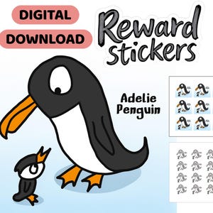 Peut inclure: Téléchargement numérique d'autocollants de récompense avec des manchots Adélie de dessin animé. L'image comprend une grande illustration de pingouin avec un petit pingouin et des feuilles d'autocollants avec des motifs de pingouins. Le texte comprend "Reward Stickers" et "Adelie Penguin".