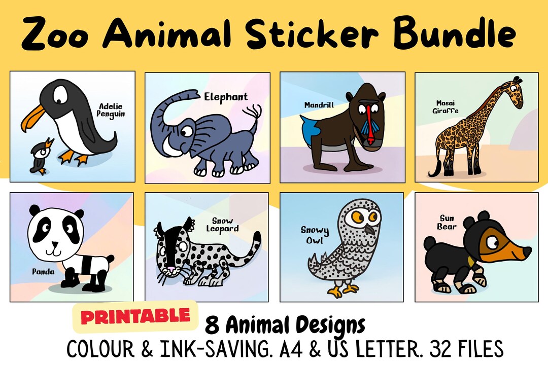 Zoo Animals Sticker Sheet Bundle Printable, 8 Designs, Classroom Reward ...