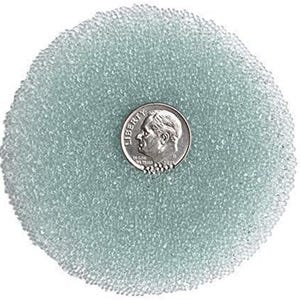 May include: A collection of small, translucent, pale blue beads surrounding a U.S. dime coin. The beads are closely packed, creating a textured surface. The coin is silver and features a profile of a man.