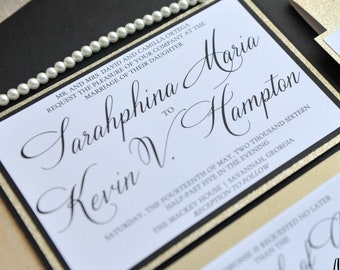 Pocket Invitations with Glitter Belly Band, Wedding Invitation with layered cards, Black and Gold Invitations, Sarahphina