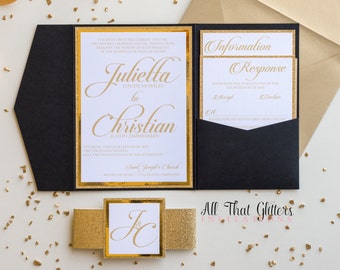 Tri-fold wedding invitations, Glitter Foil wedding invitations with pocketfold, stacked insert cards, black tie formal wedding invitation