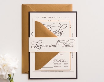 Simple Wedding Invitations in Antique Gold and Cream, Traditional Invitations with Belly Band Envelopes and RSVP Cards, Customizable
