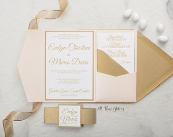 Light Pink Pocket Wedding Invitation, Trifold Invitations in Blush and Gold, Invitation with Stacking Enclosure Cards, Inserts, RSVP