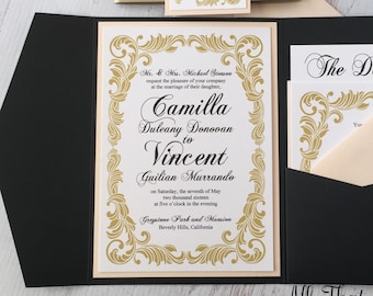 Formal Wedding Invitation Suite with Insert cards, Gold and Black Wedding Invitation Set, pocketer Wedding Invitation, Camilla
