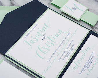 Navy Blue and Mint Green Wedding Invitations, Horizontal Pocket Wedding Invitation with boho style, Garden Style Wedding Invitations