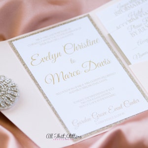 Classic Pocketfold Wedding Invitation with Envelope RSVP Card and Inserts, Glitter Backer Invitation Traditional Elegant Invitations Wedding image 1