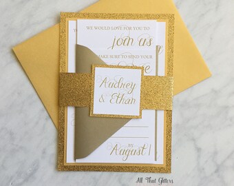 All Gold Wedding Invitation with Glitter, Sparkly Wedding Invitations with RSVP Card and enclosure, envelopes, Audrey