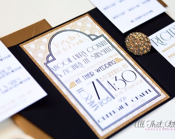 Old Hollywood or Great Gatsby themed wedding invitations, Art Deco style in pocketfold