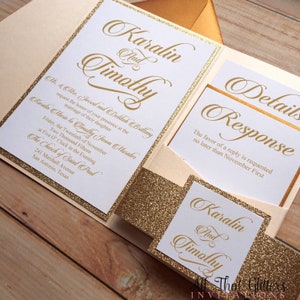 May include: Gold glitter wedding invitation with a peach background. The invitation reads "Karalin and Timothy" and includes the date and time of the wedding. The response card reads "Details" and "Response".