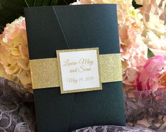 Black and Gold Pocket Wedding Invitation, Gold Glitter Wrap Band, Romantic Invitation with RSVP card and Envelopes, Elegant Invitations