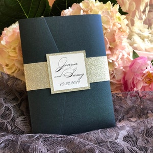 Midnight Blue Wedding invitation, gold wedding invitations, wedding invitations with RSVP in Pocketfold, Evelyn