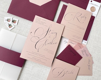 Dusty Rose Wedding Invitation, Vellum Wrap, Burgundy Envelope Liner
