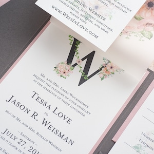 Vellum Wedding Invitations, Initial Flower Wedding Invitation, Boho Garden Wedding Invite, Invitation with wrap, Tessa