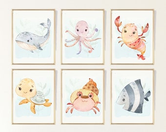 Ocean Animal Nursery Decor, PRINTED Sea Animal Children's Room Artwork Posters, Whale Turtle Octopus, Babys Room Wall Art Prints Set of 6