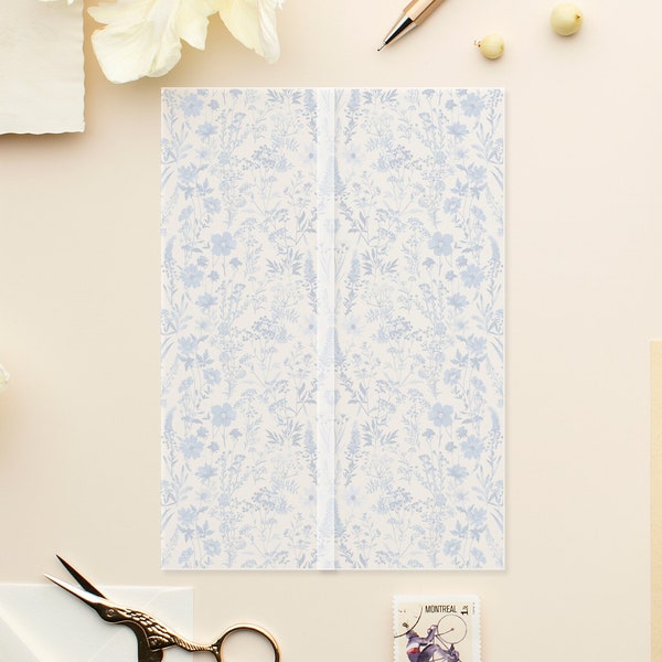 Vellum Wedding Invitation Wraps, Jackets for Invitations with Initials, Toile De Jouy Vintage Pattern, French Blue Floral Vellum Wrap