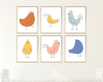 Chicken Nursery Wall Decor Art Prints, Boho Chic Farm Animal Children's Room Artwork Posters, Choose Your Size, Bohemian Barnyard Theme