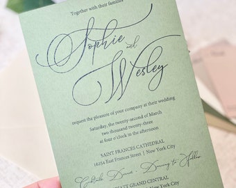 Suite de faire-part de mariage vert sauge, faire-part jardin bohème