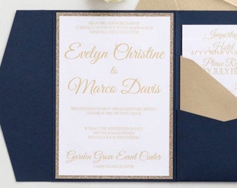 Navy and gold glitter Wedding Invitation, Navy Blue pocket Wedding Invitations, blue glitter wedding invitations, midnight blue, Evelyn