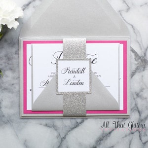 Hot Pink and Silver Wedding Invitation | Silver Glitter Wedding Invitation | Pink Glitter Wedding Invitation with RSVP  | Kendall