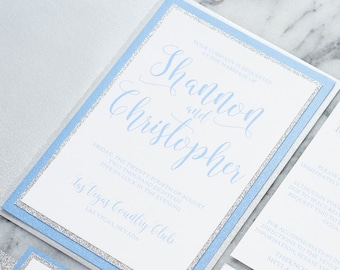 Baby Blue and Silver Glitter Wedding Invitations, Wedding Invitation with Layered Card, Glitter Bellyband