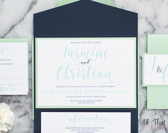 Dark Navy Blue Wedding Invitation with mint green, Pocket Invitations Wedding, Simple Invitations for Boho weddings, printed invitations
