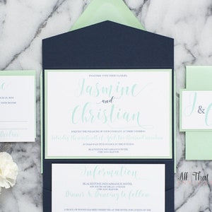 Invitation de mariage bleu marine foncé avec vert menthe, invitations de poche mariage, invitations simples pour mariages Boho, invitations imprimées