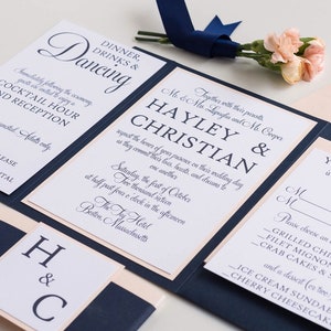 Modern Wedding Invitation Envelope, Pocketfolder Wedding Invitations, Navy Blue and Blush Invitations, Minimalis Simple Invitation