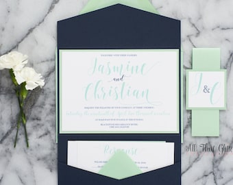 Navy and Mint Wedding Invitation Pocketfold, Jasmine Suite