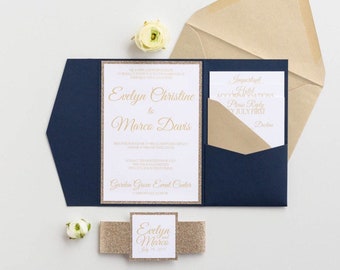 Glitter Wedding Invitations in pocket folder with band, Wedding Invitation Card Set, navy blue and gold Invitations, Evelyn Suite
