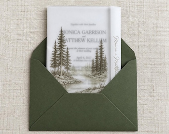Personalized Wedding Invitation Vellum Wraps Rustic Mountain Pine Trees, Translucent Wedding Invitation Jackets, DIY Invitation Accessories