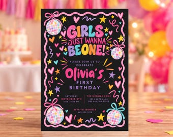 Girls Just Wanna Be One Invitation Canva Template, First Birthday Party Invitation, 90's Theme Birthday Invite, DIY Editable in Canva