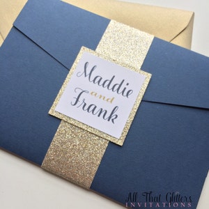 Invitations de mariage de marine et d'or, invitations de mariage de poche avec la carte de rsvp, invitation avec bande